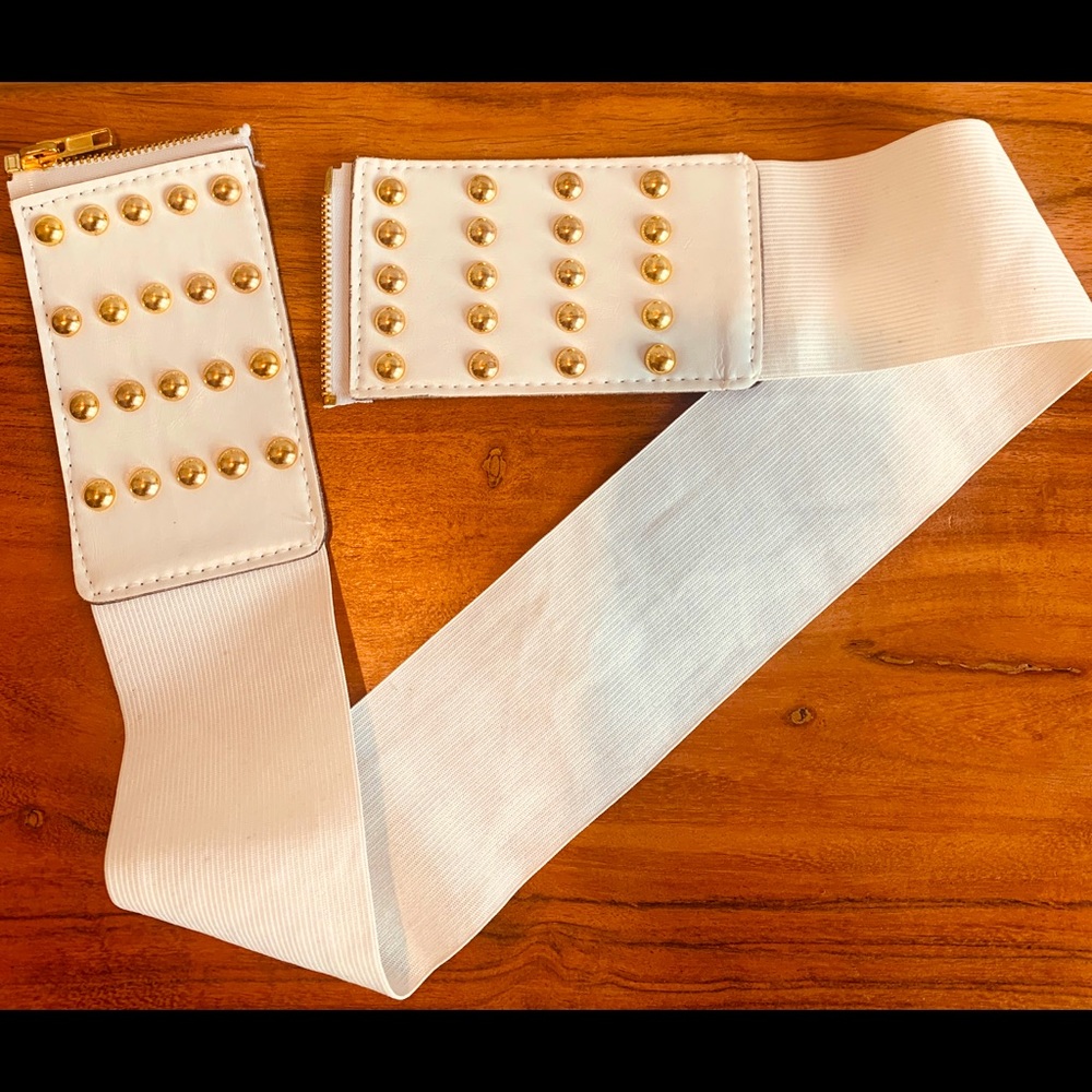White stretch belt with gold embellishments